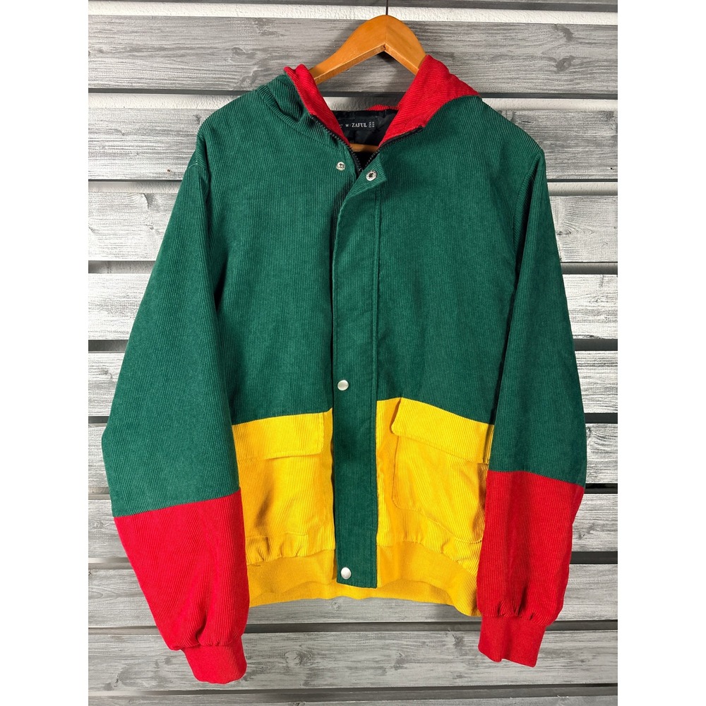 Zaful Mens Colorblock Corduroy Hooded Jacket Size M Full Zip Up bomber vtg